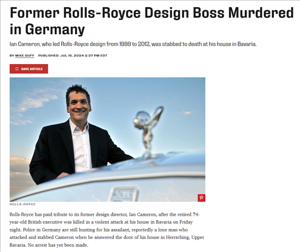 汽車圈泰斗級人物：勞斯萊斯傳奇設(shè)計(jì)師在家遇襲被刺身亡